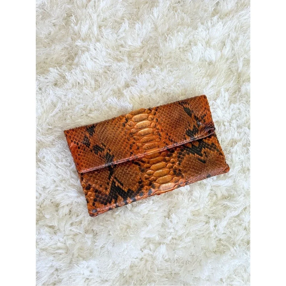 100% GENUINE SNAKE SKIN PYTHON LEATHER ORANGE ENVELOPE CLUTCH BRAZIL INDONESIA